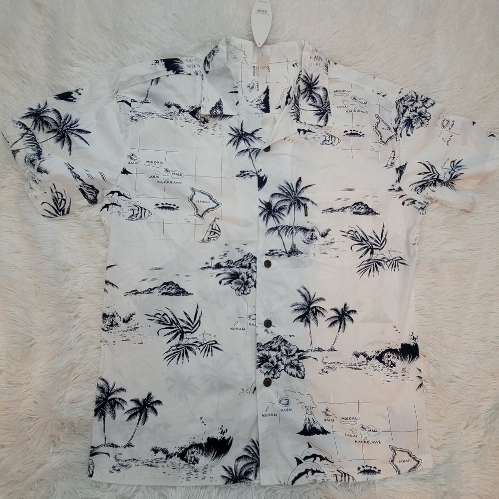 NWT Palmwave Men’s Hawaiian Shirt Size Xl White Black Island Map Palm Tree Print